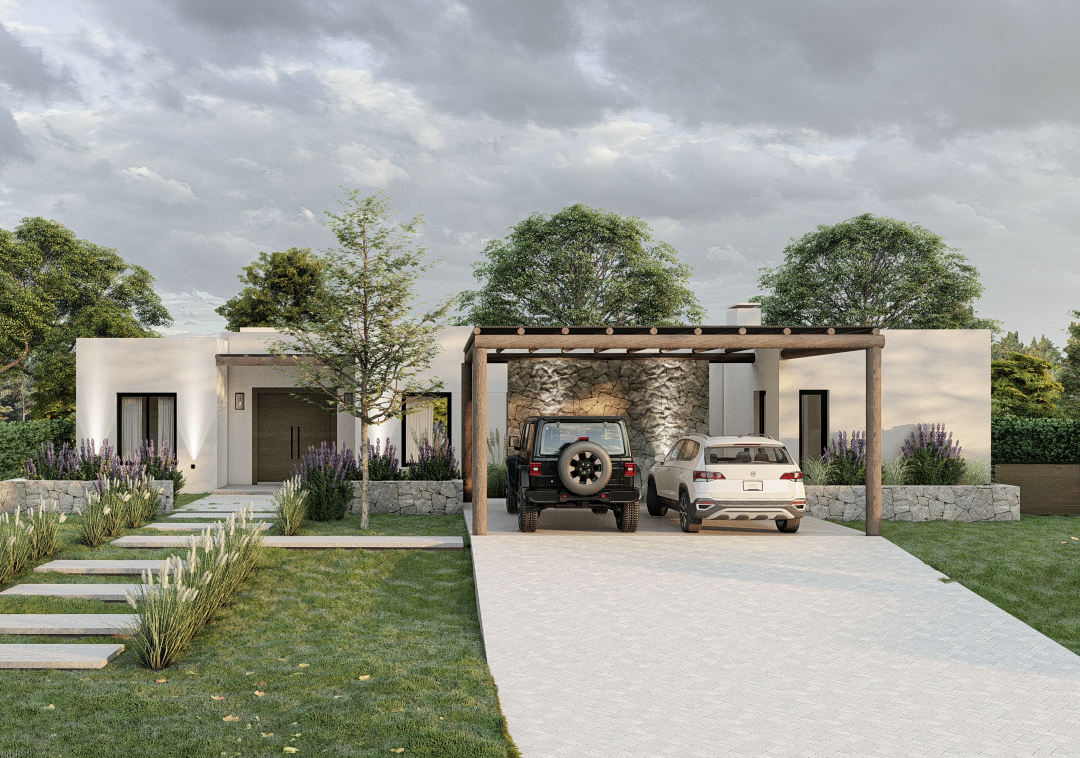 Casa moderna de una planta con diseño contemporáneo y jardín